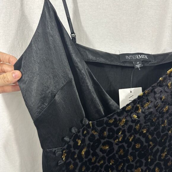 Intermix Ava Velvet Black Gold Leopard Slit Prom Midi Slip Dress Womens Size 4 - Picture 9 of 12